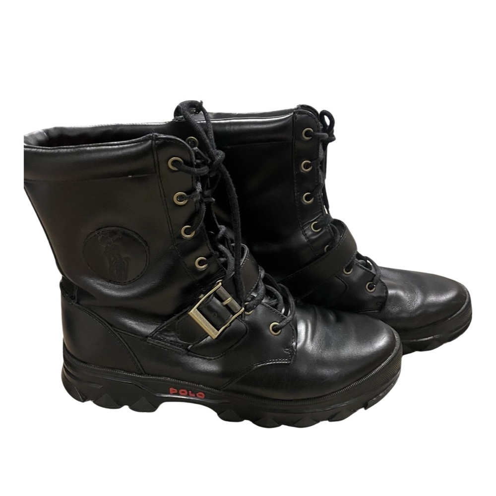Polo Ralph Lauren Men's Black Buckle Strap Sherpa Lined Moto Leather Boots US10D